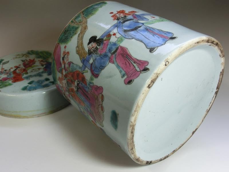 蓋物□中国陶磁器人物色絵合子 茶入 桃松 唐人 蓋鉢 丸筒鉢